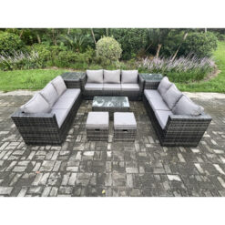 Fimous 11Seater Outdoor Lounge Sofa Set Wicker PE Rattan Garden Furniture Set with Oblong Coffee Table 2 Side Tables 2 Small Footstools Dark Grey