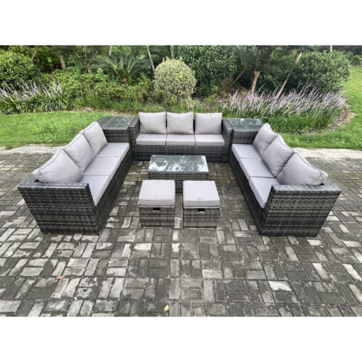 Fimous 11Seater Outdoor Lounge Sofa Set Wicker PE Rattan Garden Furniture Set with Oblong Coffee Table 2 Side Tables 2 Small Footstools Dark Grey