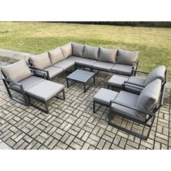 Fimous - 12 Seater Outdoor Lounge Corner Sofa Set Aluminum Garden Furniture Sets with Square Coffee Table 3 Chairs 3 Footstools Dark Grey