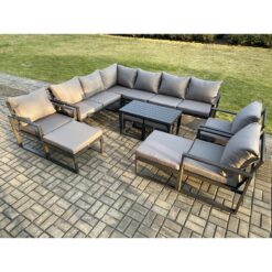 Fimous - 13 Seater Aluminium Outdoor Garden Furniture Set Patio Lounge Sofa with Oblong Coffee Table Chair 2 Small Footstools 2 Big Footstools Dark