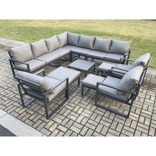 Fimous - 13 Seater Outdoor Garden Furniture Set Aluminium Lounge Corner Sofa Square Coffee Table 3 Pcs Chair Sets with 3 Footstools Dark Grey