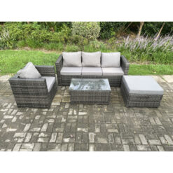 Fimous 4 PCS Outdoor Lounge Sofa Set Wicker PE Rattan Garden Furniture Set with Armchair Oblong Coffee Table Big Footstool Dark Grey Mixed