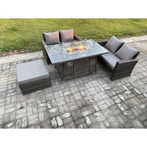 Fimous - 4 Pieces Garden Furniture Sets Poly Rattan Outdoor Patio Gas Firepit Dining Table Sofa Set with Big Footstool