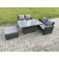 Fimous 4 Pieces Garden Furniture Sets Poly Rattan Outdoor Patio Height Adjustable Rising Lifting Table Sofa Dining Set with Big Footstool