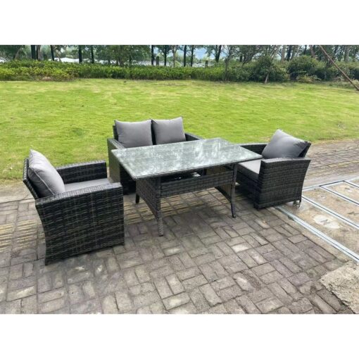 Fimous 4 Seater Outdoor Dark Grey Mixed High Back Rattan Sofa Dining Table Set Garden Furniture With Arm Chairs