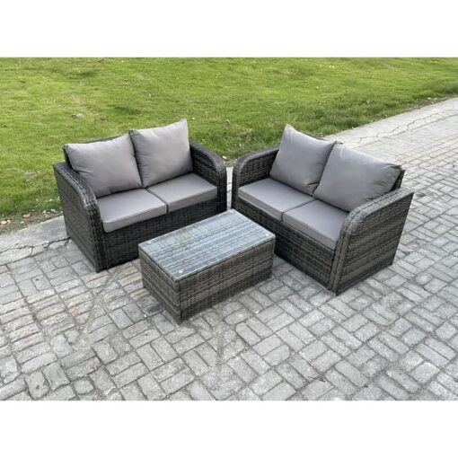 Fimous 4 Seater Outdoor Lounge Sofa Set Rattan Garden Furniture Set with Rectangular Coffee Table Dark Grey Mixed