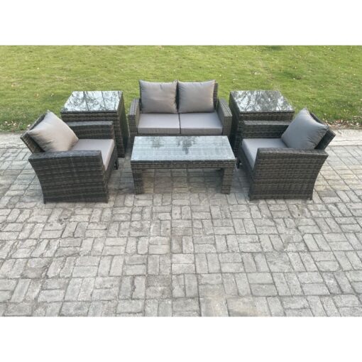 Fimous 4 Seater Outdoor Rattan Garden Furniture Set Patio Lounge Sofa Set with Coffee Table 2 Side Tables Dark Grey Mixed