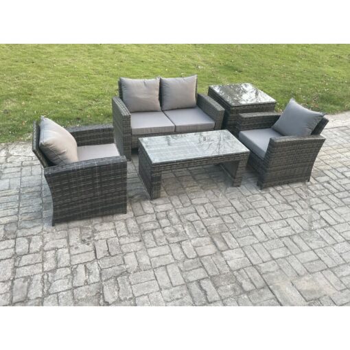 Fimous 4 Seater Outdoor Rattan Garden Furniture Set Patio Lounge Sofa Set with Coffee Table Side Table Dark Grey Mixed