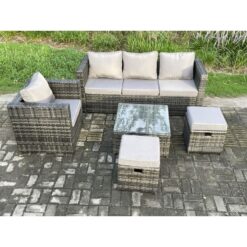 Fimous 5 PCS Outdoor Lounge Sofa Set Wicker PE Rattan Garden Furniture Set with Armchair Square Coffee Table 2 Small Footstools Dark Grey Mixed