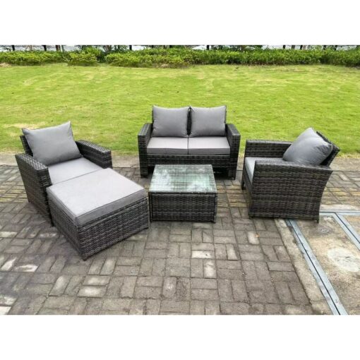 Fimous 5 Seater Dark Grey Mixed High Back Rattan Sofa Set Square Coffee Table Garden Furniture Outdoor Patio