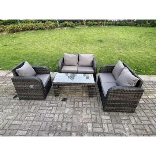 Fimous 5 Seater Dark Grey PE Wicker Rattan Garden Furniture Set Reclining Chair Love Sofa 2 Seater Sofa Set Outdoor Oblong Coffee Table