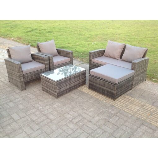 Fimous - 5 Seater Grey Mixed High Back Rattan Sofa Set Coffee Table Garden Furniture Outdoor