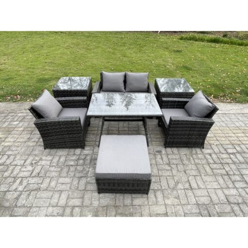 Fimous - 5 Seater Outdoor Garden Furniture High Back Rattan Sofa Dining Table Set with 2 SideTables Big Footstool Dark Grey Mixed