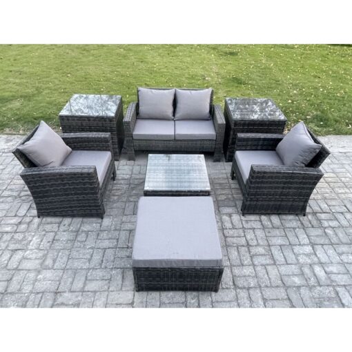 Fimous 5 Seater Outdoor Garden Furniture High Back Rattan Sofa Set with Square Coffee Table 2 SideTables Big Footstool Dark Grey Mixed