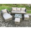 Fimous 6 PCS Outdoor Lounge Sofa Set Wicker PE Rattan Garden Furniture Set with Armchair Square Coffee Table 3 Small Footstools Dark Grey Mixed