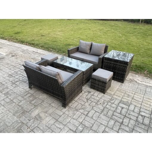 Fimous 6 Pieces Garden Furniture Sets Poly Rattan Outdoor Patio Furniture PE Wicker Furniture Set with Side Table 2 Small Footstool Loveseat and