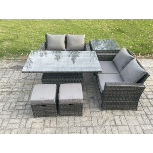 Fimous - 6 Pieces Garden Furniture Sets Poly Rattan Outdoor Patio Height Adjustable Rising Lifting Table Sofa Dining Set with Side Table 2 Small