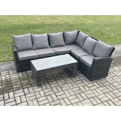 Fimous 6 Seat Rattan Garden Furniture Corner Sofa Set Outdoor Patio Sofa Table Set with Cushions Dark Grey Mixed