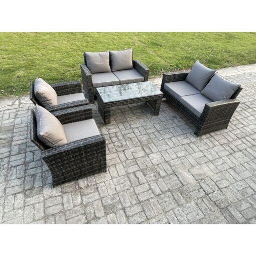 Fimous 6 Seater Dark Grey Mixed High Back Rattan Sofa Set Coffee Table Garden Furniture Outdoor Patio With Love Sofa Arm Chairs