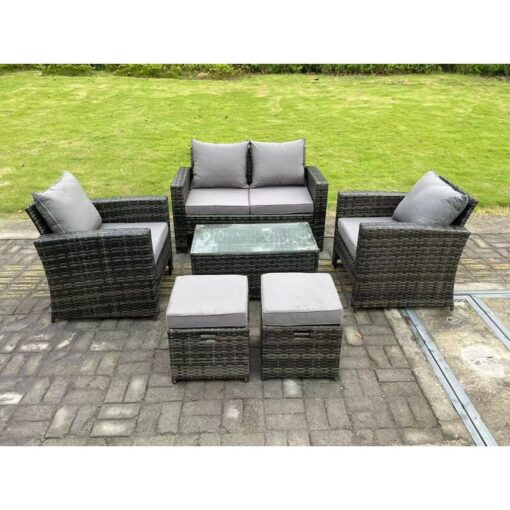 Fimous 6 Seater Dark Grey Mixed High Back Rattan Sofa Set Rectangular Coffee Table Garden Furniture Outdoor 2 Stools