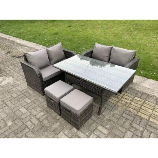 Fimous 6 Seater Dark Grey Mixed PE Wicker Rattan Garden Furniture Set Love Sofa 2 Seater Sofa Set Outdoor Rectangular Dining Table With 2 Stools