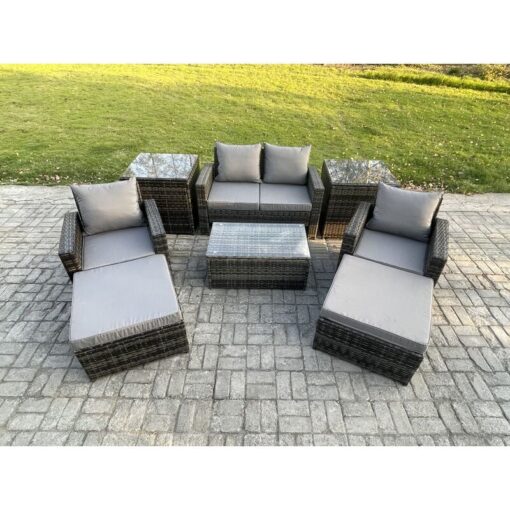 Fimous 6 Seater Dark Grey Outdoor Rattan Garden Furniture Set Patio Lounge Sofa Rectangular Coffee Table with 2 Side Tables 2 Big Footstool