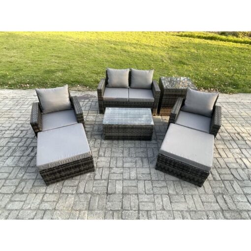 Fimous 6 Seater Dark Grey Outdoor Rattan Garden Furniture Set Patio Lounge Sofa Rectangular Coffee Table with Side Table 2 Big Footstool