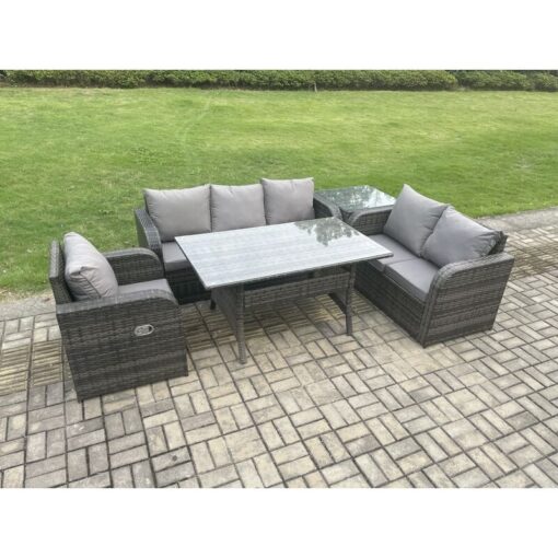 Fimous 6 Seater Garden Rattan Furniture Dining Table Sofa Set Indoor Outdoor with Reclining Chairs Side Table Dark Grey Mixed