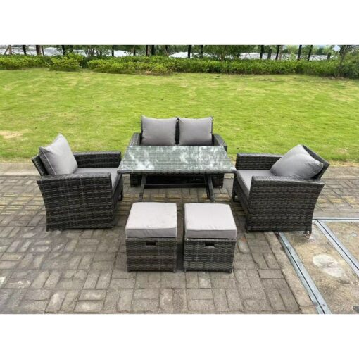 Fimous 6 Seater Outdoor Dark Grey Mixed High Back Rattan Sofa Dining Table Set Garden Furniture 2 Stools