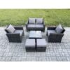 Fimous 6 Seater Outdoor Garden Furniture High Back Rattan Sofa Set with Square Coffee Table 2 Small Footstools Dark Grey Mixed