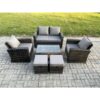 Fimous 6 Seater Outdoor Lounge Sofa Set Wicker PE Rattan Garden Furniture Set with Rectangular Coffee Table Double Seat Sofa 2 Small Footstools Dark