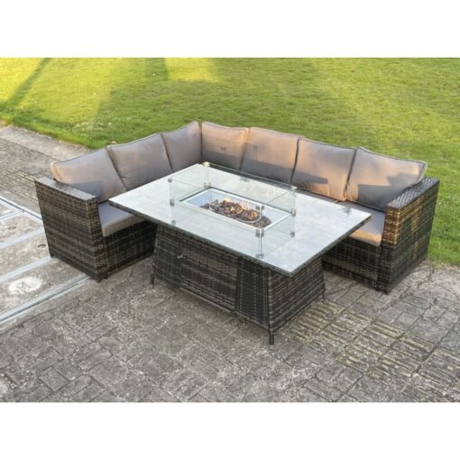 Fimous - 6 Seater Outdoor Rattan Garden Corner Sofa Furniture Gas Fire Pit Table Sets Gas Heater Lounge Dark Grey