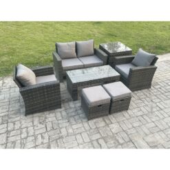 Fimous - 6 Seater Outdoor Rattan Garden Furniture Set Patio Lounge Sofa Set with Coffee Table Side Table 2 Small Footstools Dark Grey Mixed