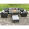 Fimous - 6 Seater Outdoor pe Rattan Garden Furniture Set Gas Fire Pit Dining Table Gas Heater Burner With 2 Armchairs 2 Side Tables Big Footstool