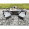 Fimous - 6 Seater Rattan Garden Furniture Set Outdoor Lounge Sofa Chair Gas Fire Pit Dining Table Set With 2 Big Footstool Double Seat Sofa Armchiar