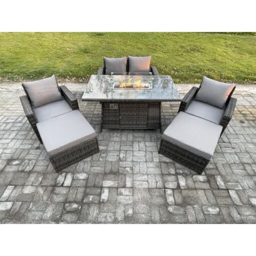 Fimous - 6 Seater Rattan Garden Furniture Set Outdoor Lounge Sofa Chair Gas Fire Pit Dining Table Set With 2 Big Footstool Double Seat Sofa Armchiar