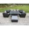 Fimous 6 Seater Rattan Garden Furniture Sofa Set Outdoor Adjustable Rising Lifting Dining Table Set with 2 Armchairs 2 Side Tables Big Footstool