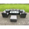 Fimous 6 Seater Rattan Outdoor Furniture Garden Dining Set with Oblong Dining Table 2 Side Tables Big Footstool 2 Armchairs Dark Grey Mixed