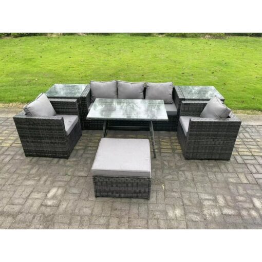 Fimous 6 Seater Rattan Outdoor Furniture Garden Dining Set with Oblong Dining Table 2 Side Tables Big Footstool 2 Armchairs Dark Grey Mixed