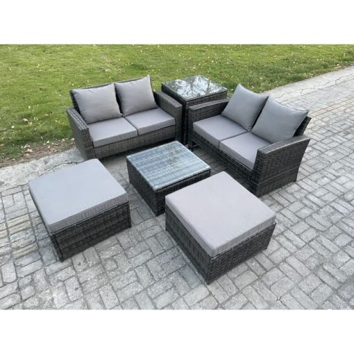 Fimous 6 Seater Rattan Outdoor Garden Furniture Sofa Set with 2 Big Footstool Side Table Dark Grey Mixed