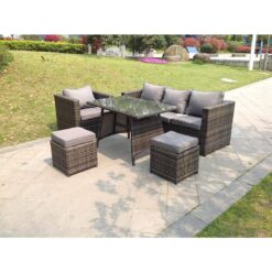 Fimous - 6 Seater Rattan Sofa Set Dining Table Chair Stool Garden Furniture Outdoor