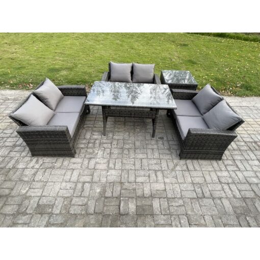 Fimous 6 Seater Rattan Wicker Garden Furniture Patio Conservatory Sofa Set Indoor Outdoor with Dining Table Double Seat Sofa Side Table