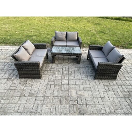 Fimous - 6 Seater Rattan Wicker Garden Furniture Patio Conservatory Sofa Set with Coffee Table Double Seater Sofa