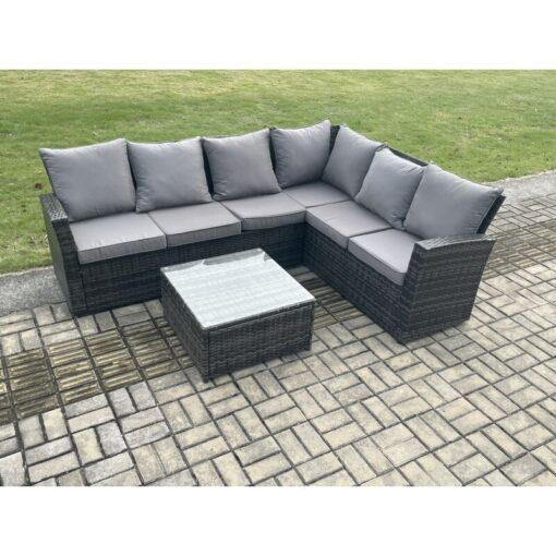 Fimous 6 Seater Wicker PE Outdoor Garden Furniture Set High Back Rattan Corner Sofa Set with Armchair Square Coffee Table