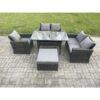 Fimous 6 Seater Wicker Rattan Garden Dining Set Outdoor Furniture Sofa with Dining Table Double Seat Sofa Big Footstool Dark Grey Mixed