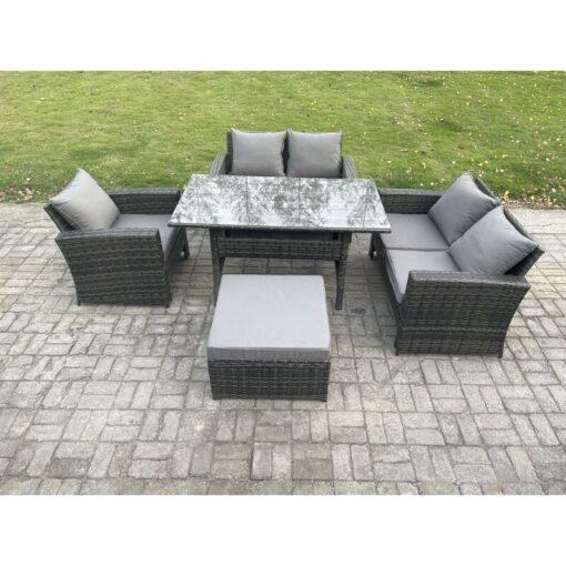 Fimous 6 Seater Wicker Rattan Garden Dining Set Outdoor Furniture Sofa with Dining Table Double Seat Sofa Big Footstool Dark Grey Mixed