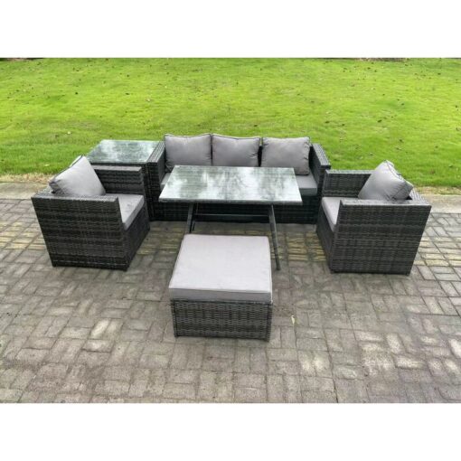 Fimous 6 Seater Wicker Rattan Outdoor Furniture Garden Dining Set with Sofa Oblong Dining Table 2 Armchairs Stool Dark Grey Mixed