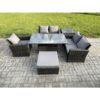 Fimous 6pcs Rattan Outdoor Garden Furniture Set Height Adjustable Rising Lifting Table Sofa Dining Set with Big Footstool Side Table Dark Grey Mixed