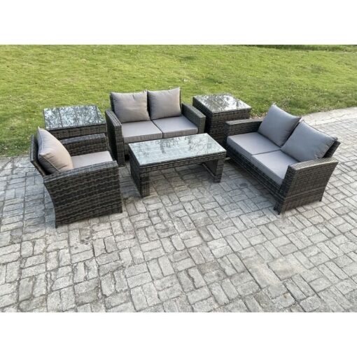 Fimous 6pcs Rattan Outdoor Garden Furniture Sofa Set with Coffee Table 2 Side Tables Dark Grey Mixed