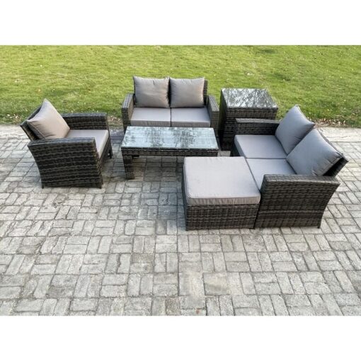 Fimous 6pcs Rattan Outdoor Garden Furniture Sofa Set with Coffee Table Big Footstool Side Table Dark Grey Mixed